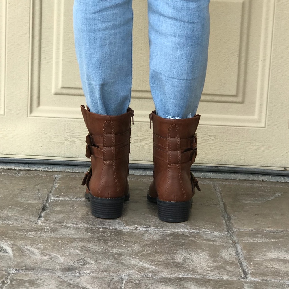 Cognac Polished Buckle Combat Style Ankle Booties - Picture 5 of 5